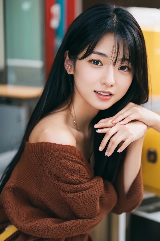 A sexy Japanese woman in her twenties with long black hair wearing a red knit cap has her mouth open、