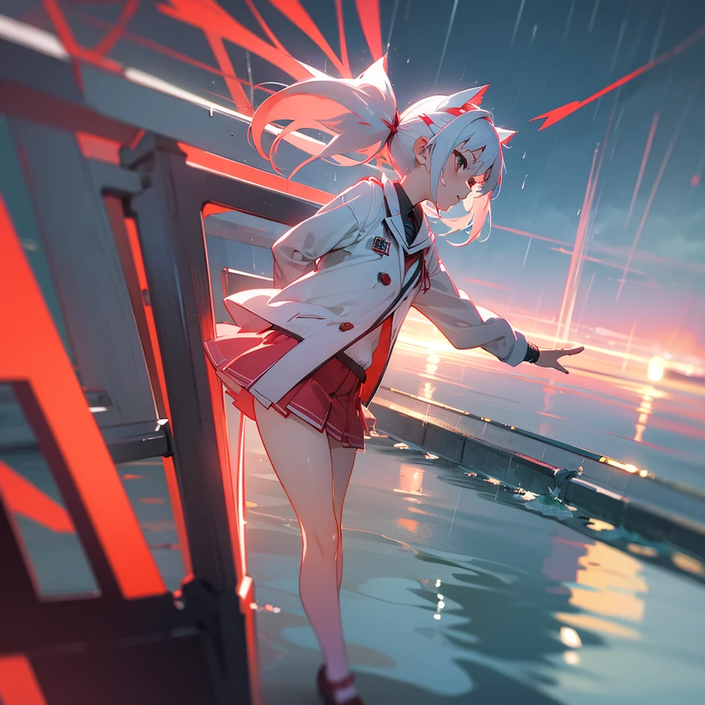Anime, girl in a short miniskirt, panties visible, red and white hair, Twin Tail, in a beautiful area, rainy weather, 3d, white panties.