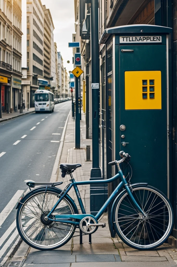 Telephone within a city with a bicycle as sustainable transport