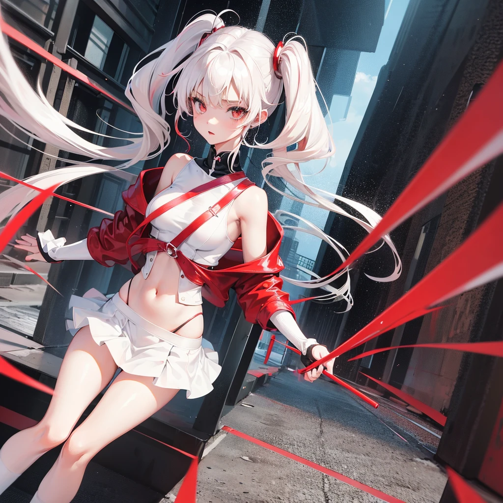 Anime nude, girl in a short miniskirt, panties visible, red and white hair, Twin Tail, in a beautiful area, 3d.