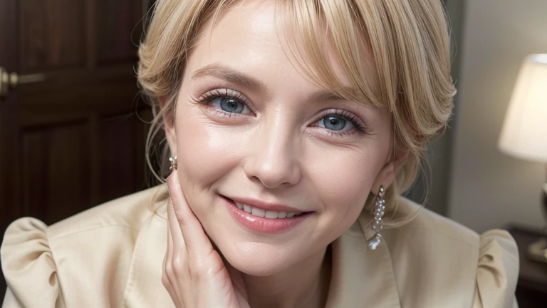 create an image of a 50 year old blonde woman well dressed elegant and smiling in 16k