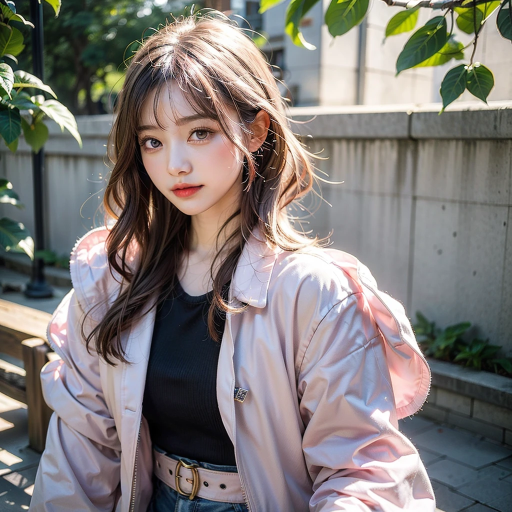 alone,Japanese,Bob Hair,Light pink hair, Pink Eyes, Simple Background, Cherry leaves, Vibrant colors, White jacket, Paint splashes, Ray Tracing
