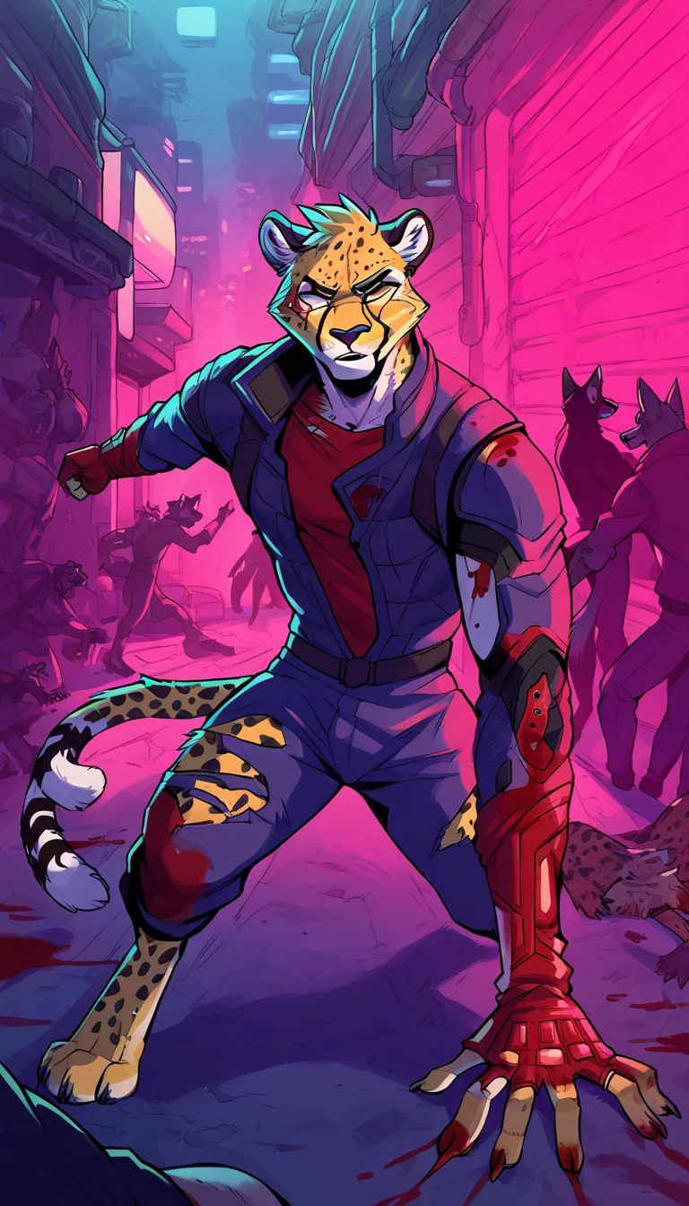 score_9, score_8_up, score_7_up,

(cyberpunk city, night alley, midnight, furry crowd on background, [cat, dog, fox, wolf, cow, bull:0.33], fight club, brawling), 

((Cheetah:1.2), anthro, male, ((Defeated Pose)), damaged face, ((covered in blood)), ((closeup portrait)), fur, beautiful, fallen, on the ground)