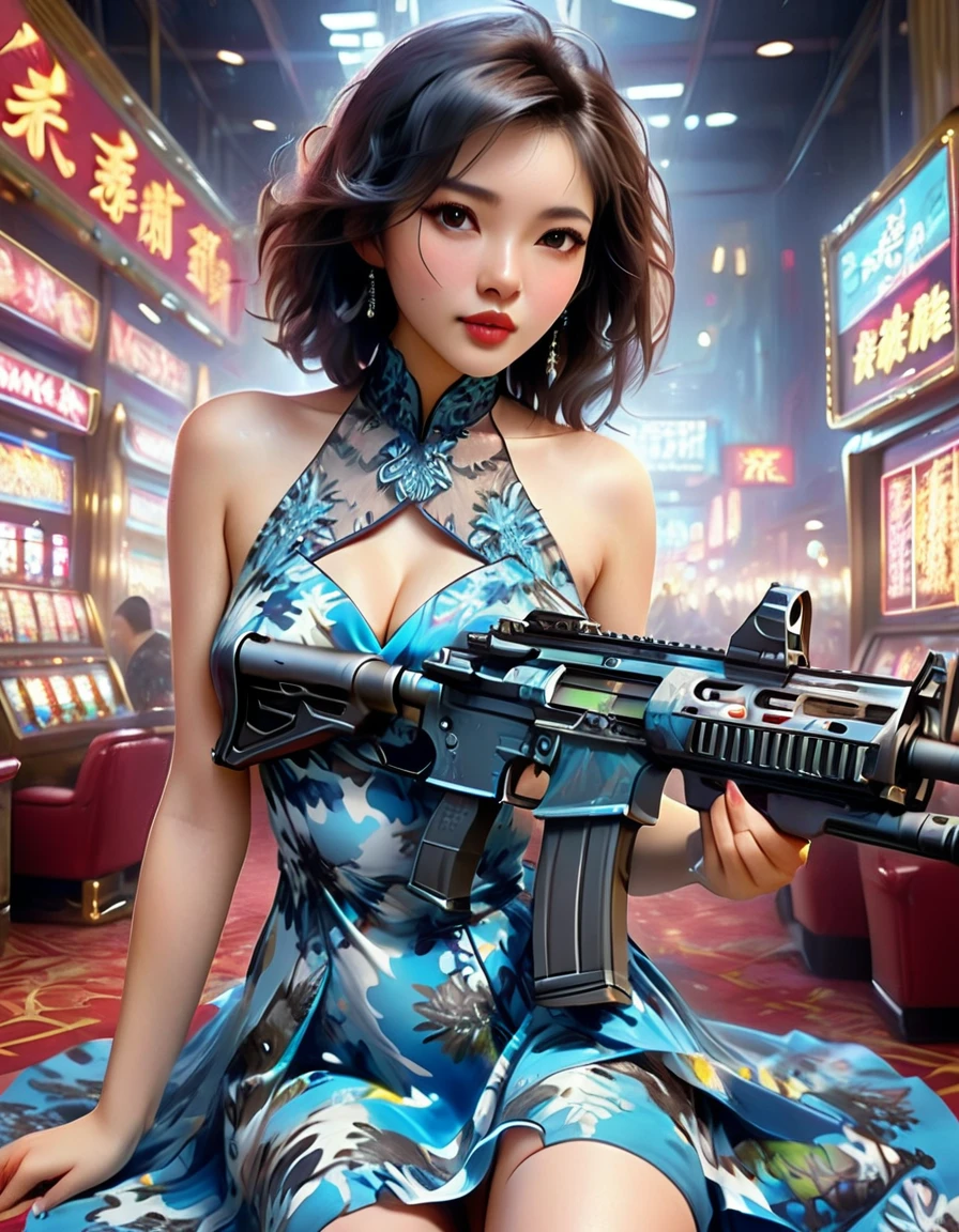 Young and beautiful woman_robot,Retro hairstyle,Retro makeup,Grinning face,Ideal body proportions,Full breasts,((Night camouflage_Tight Fit_Chinese dress:1.9)),(Rapid Fire Assault Rifle:1.7),(motion blur effect:1.5),(The casino was in chaos,Madness and destruction:1.4),(Highest quality,4K,8K,high resolution,masterpiece:1.2),Ultra Detailed,(lifelike,Photorealistic,Photorealistic:1.37),Detailed facial features,Intricate clothing patterns,striking pose,Dramatic lighting,Film composition,Vibrant colors,Dystopian atmosphere,painting,