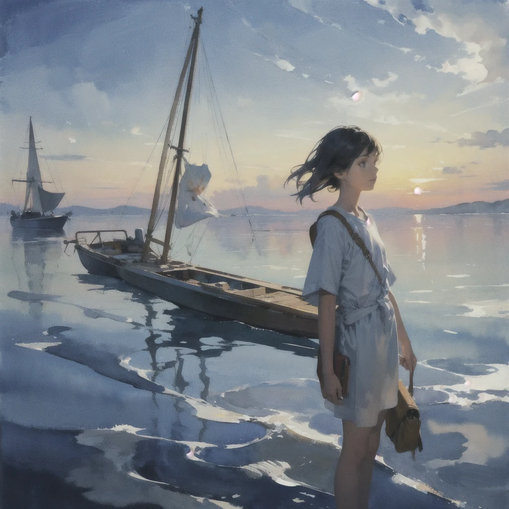 Tranquil voyager girl, Surrealism, Paint in watercolor style, Photorealism