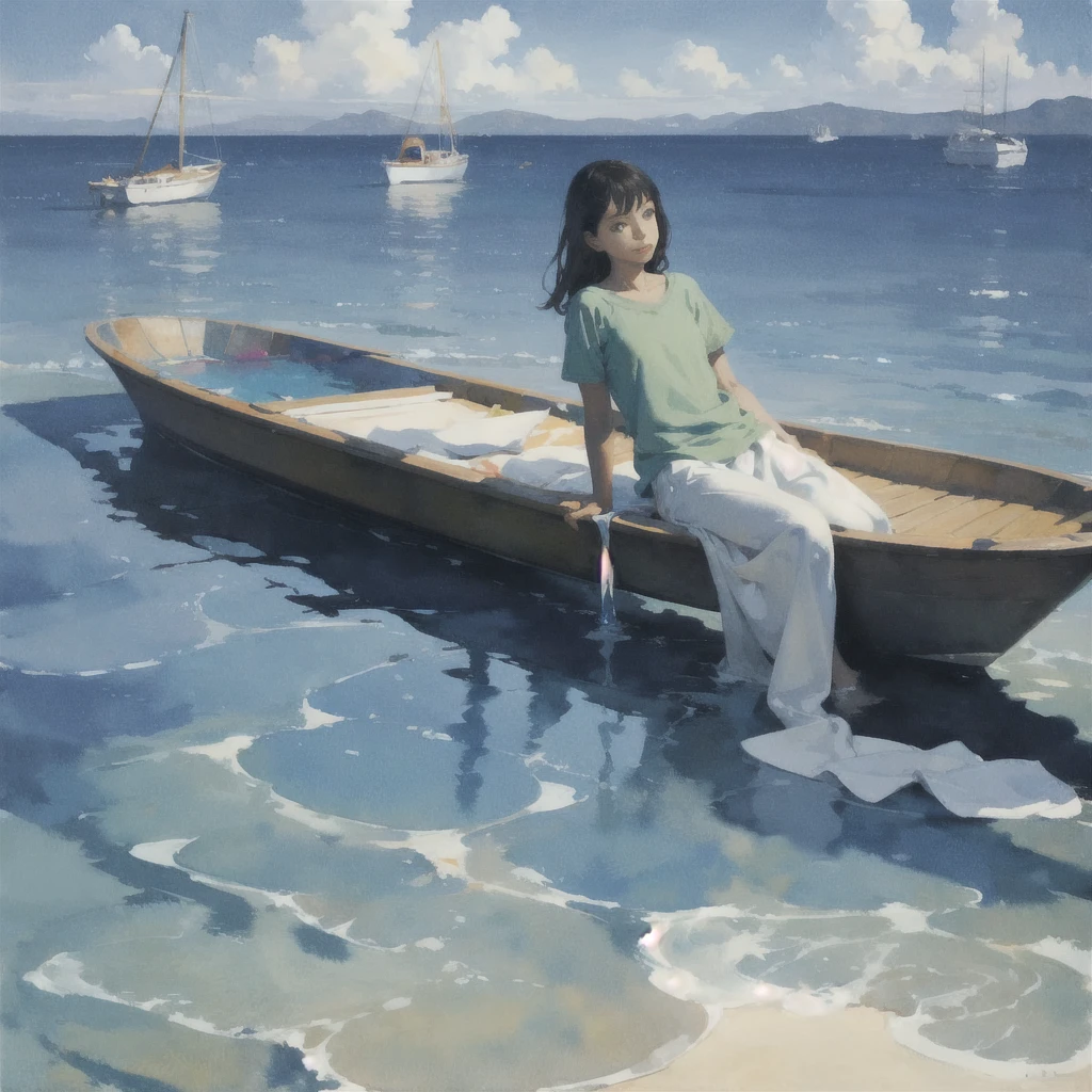 Tranquil voyager girl, Surrealism, Paint in watercolor style, Photorealism