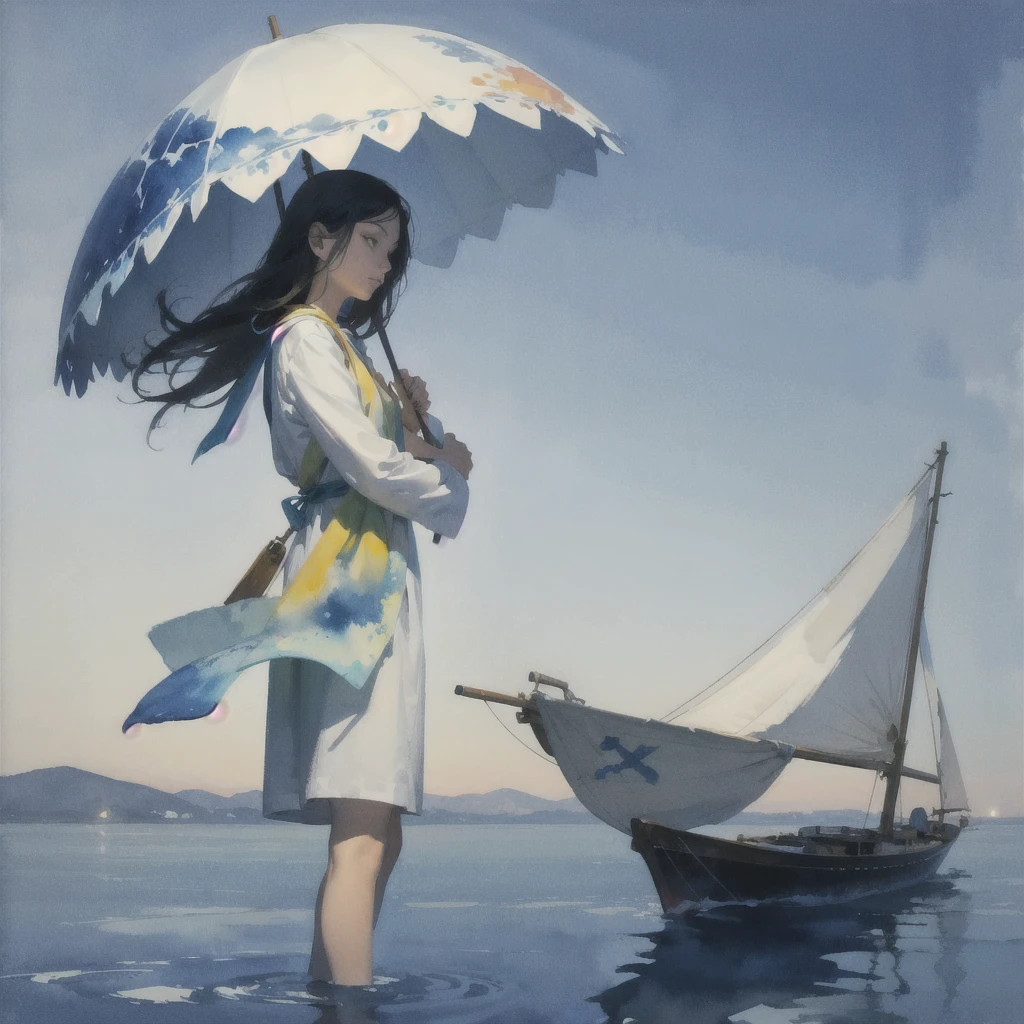 Tranquil voyager girl, Surrealism, Paint in watercolor style, Photorealism