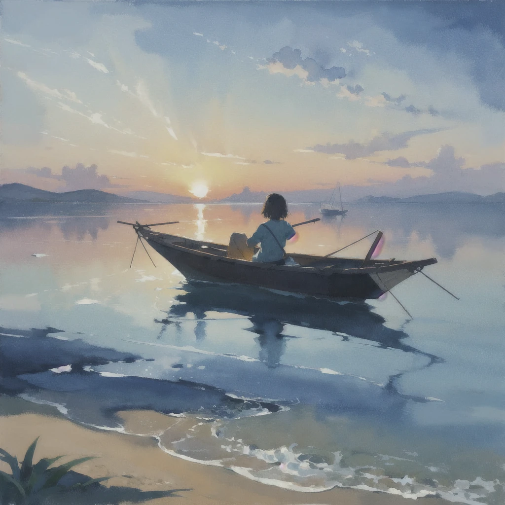 Tranquil voyager girl, Surrealism, Paint in watercolor style, Photorealism
