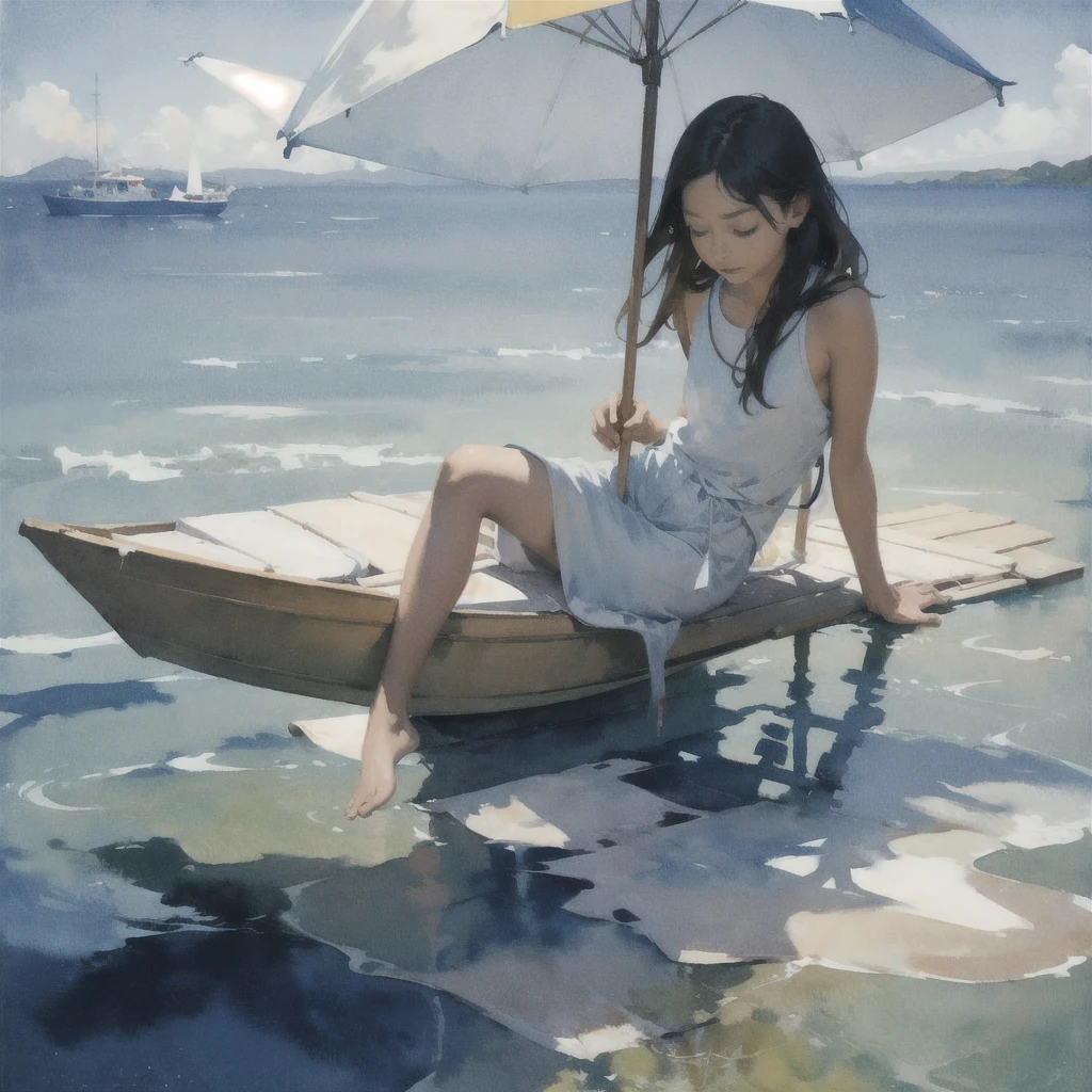 Tranquil voyager girl, Surrealism, Paint in watercolor style, Photorealism