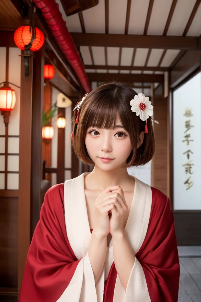 Cute 20 year old Japan woman、Beautiful Skin、Beautiful Hair、Short Hair Length、Bob Hair、Brown Hair Color、Beautiful Eyes、Brown Eye Color、Embarrassed look、place：Love Hotel、Shrine maiden、The naughtiest pose