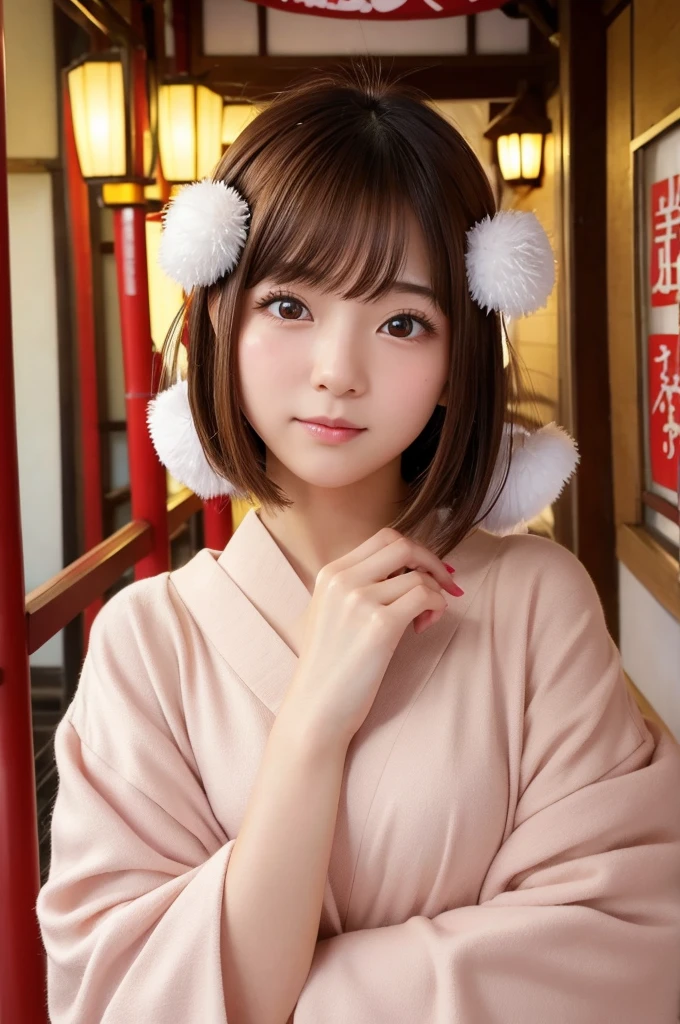 Cute 20 year old Japan woman、Beautiful Skin、Beautiful Hair、Short Hair Length、Bob Hair、Brown Hair Color、Beautiful Eyes、Brown Eye Color、Embarrassed look、place:Love Hotel、Shrine maiden、The naughtiest pose