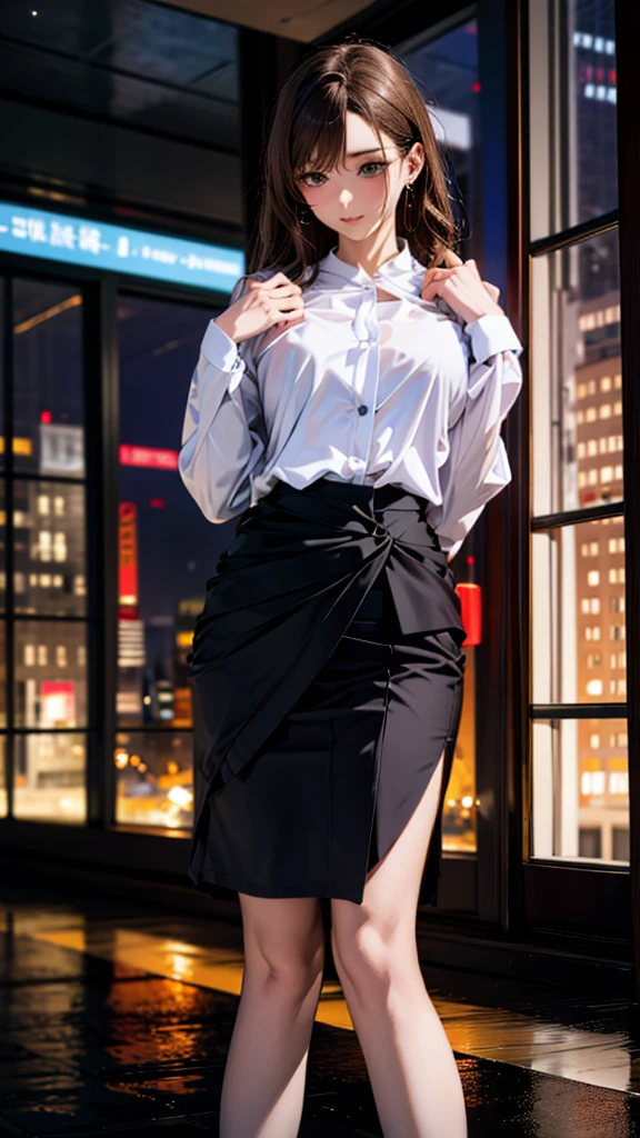 Describe a female office worker in her thirties, wearing a tight skirt, standing along the river at night. In the background, lights from skyscrapers reflect off the river, creating a beautiful night scene. The woman looks confident and is dressed in business casual attire." They are very sexually attractive.