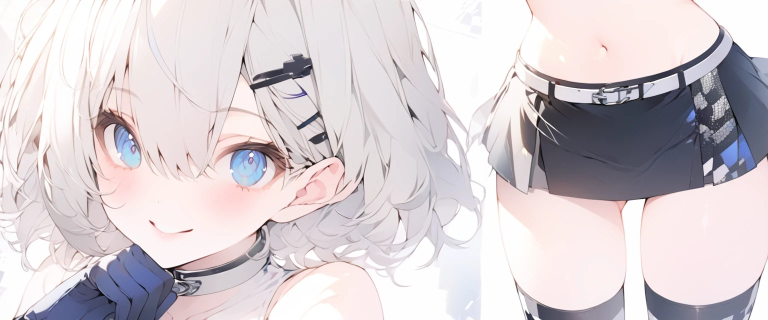 beautiful, masterpiece, Highest quality, anime, One girl, C Cup,Portrait Shot, View your viewers, Covered、Short Hair、nearby、Blue Eyes、art、、White hair,Blue streaked hair、wallpaper、hairpin、Cute smile、Thighs、navel、Black and White_Open race queen、Blue-black_Gloves、Blue-black_Knee-high boots、、Cute、Blue-black_Short skirt、circuit、blue sky、Blue-black_mini skirt、Blue-black_Very short skirt with belt