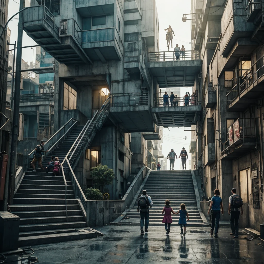 Happy family climbing a stairs to happiness in a happy dystopia cyberpunk future city