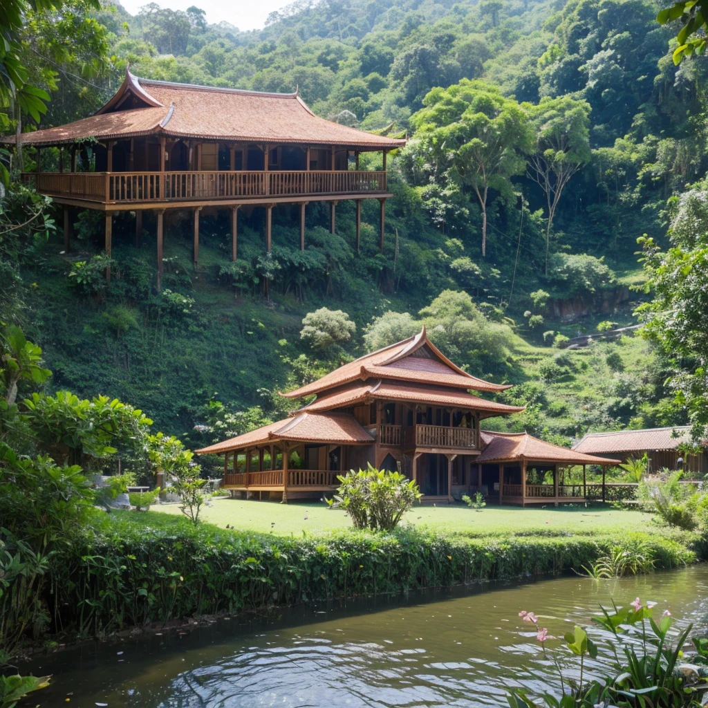 a Malay wooden cottage with a wide balcony with some Bougainville plants, the cottage is build on the top of the grass hills, a shallow crystal clear small river near the hill. some flower bushes grows near the stones along the river, there is a stones bridge on the river near that cottage, forest mountain, blue sky,