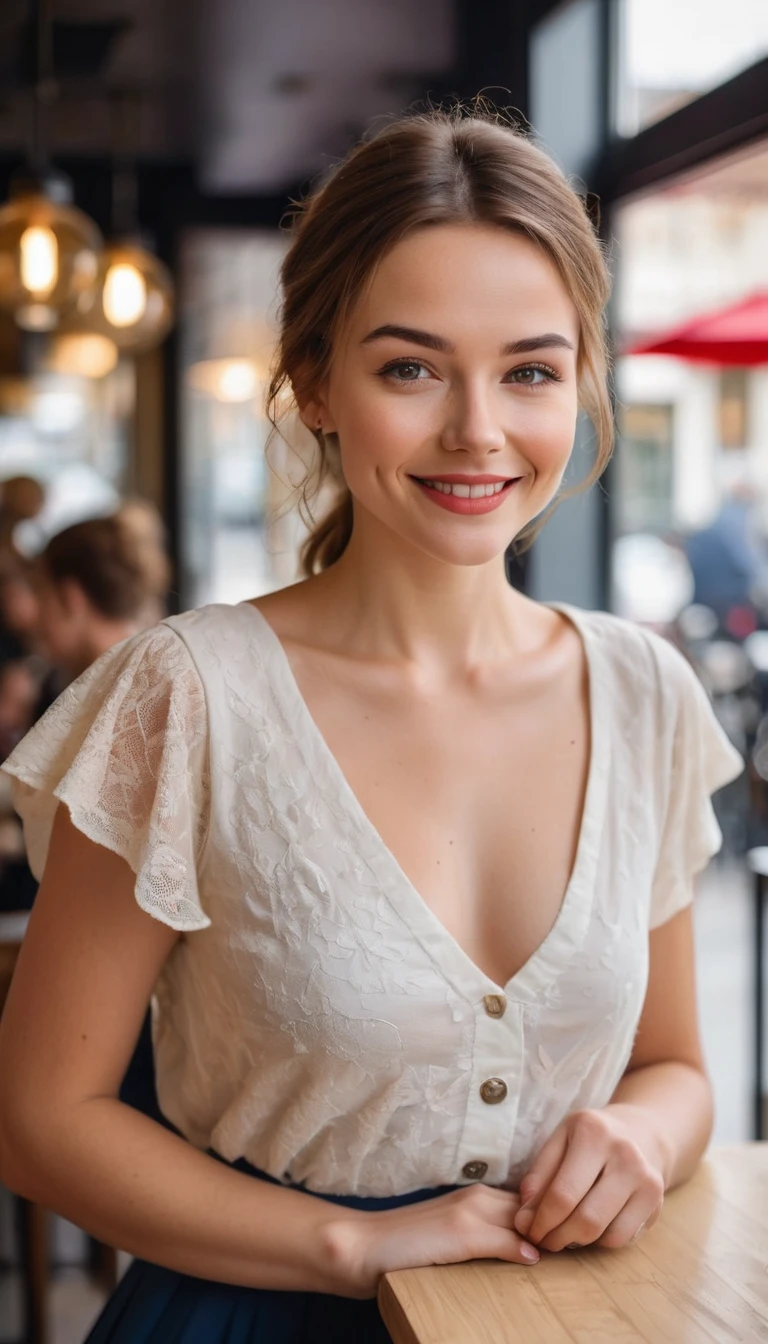 A stunning young Scottish adorable woman, standing in the cafe corner with elegantly, by Neal Adam, detail face (lip and eyes) by Armstrong and Jay Anacleto, candid smile, (wrinkle, blemish, skin pore) medium wide, low angle, super high quality image
