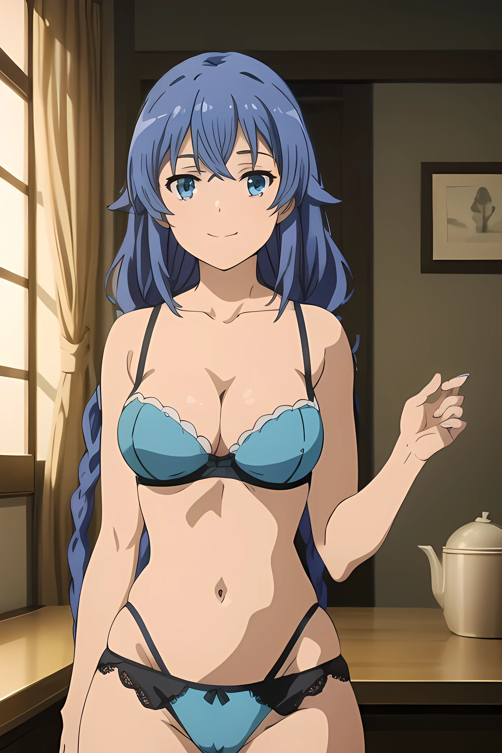 (extremely detailed CG unity 8k wallpaper), (masterpiece), (best quality), (ultra-detailed), (best illustration), (best shadow), (absurdres), 1girl, solo, pefrect face, perfect eyes, shining breasts, close the camera perky tits, vivid colors, cleavage, vivid, mediumbreasts, twin braids, long hair, blue hair, blue eyes, seductive smile, turquoise lace bra, turquoise lace panties, turquoise lingerie, cameltoe, no clothes, only lingerie, seductive, no any clothes, just lingerie