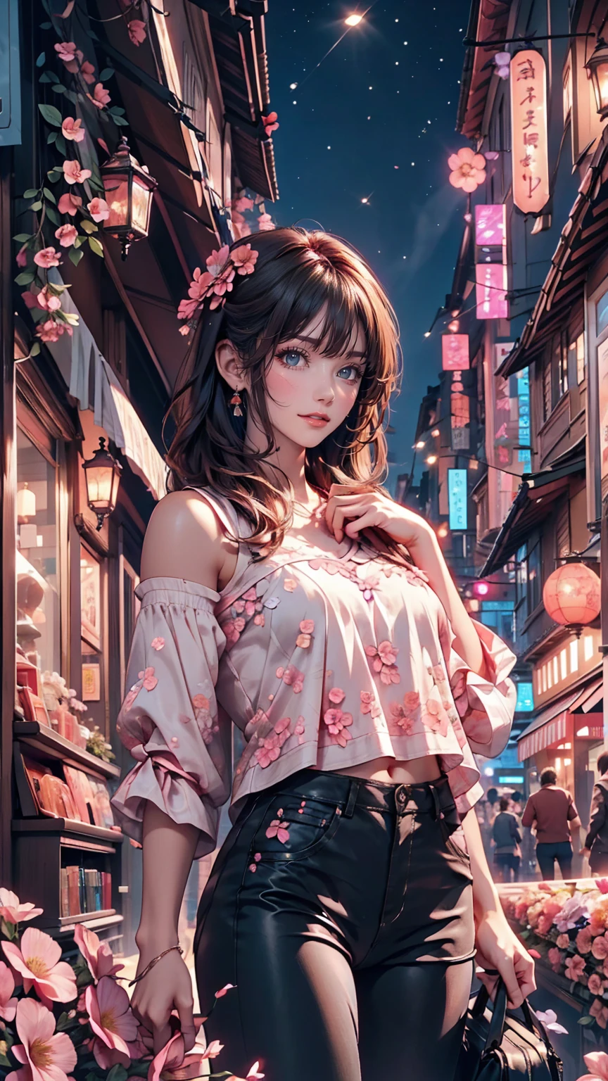Beautiful woman, Lighted street at night, Fidgeting with smartphones, hot pants, Fragrant pink flowers, Passersby, Night view gradation, Fine details, Subtle Tones, Silence on the screen.