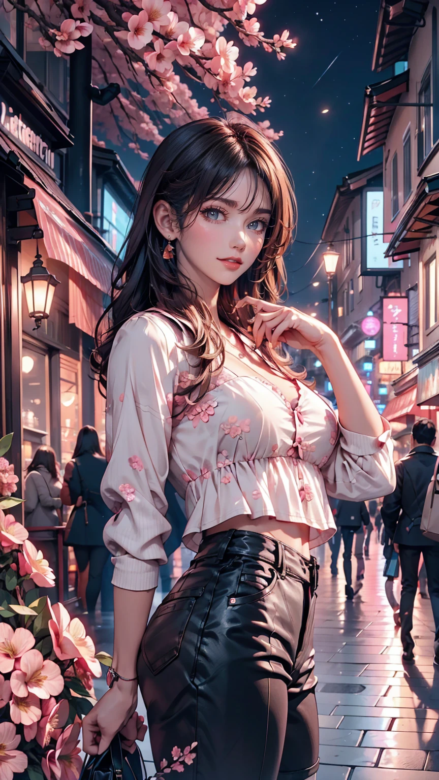 Beautiful woman, Lighted street at night, Fidgeting with smartphones, hot pants, Fragrant pink flowers, Passersby, Night view gradation, Fine details, Subtle Tones, Silence on the screen.