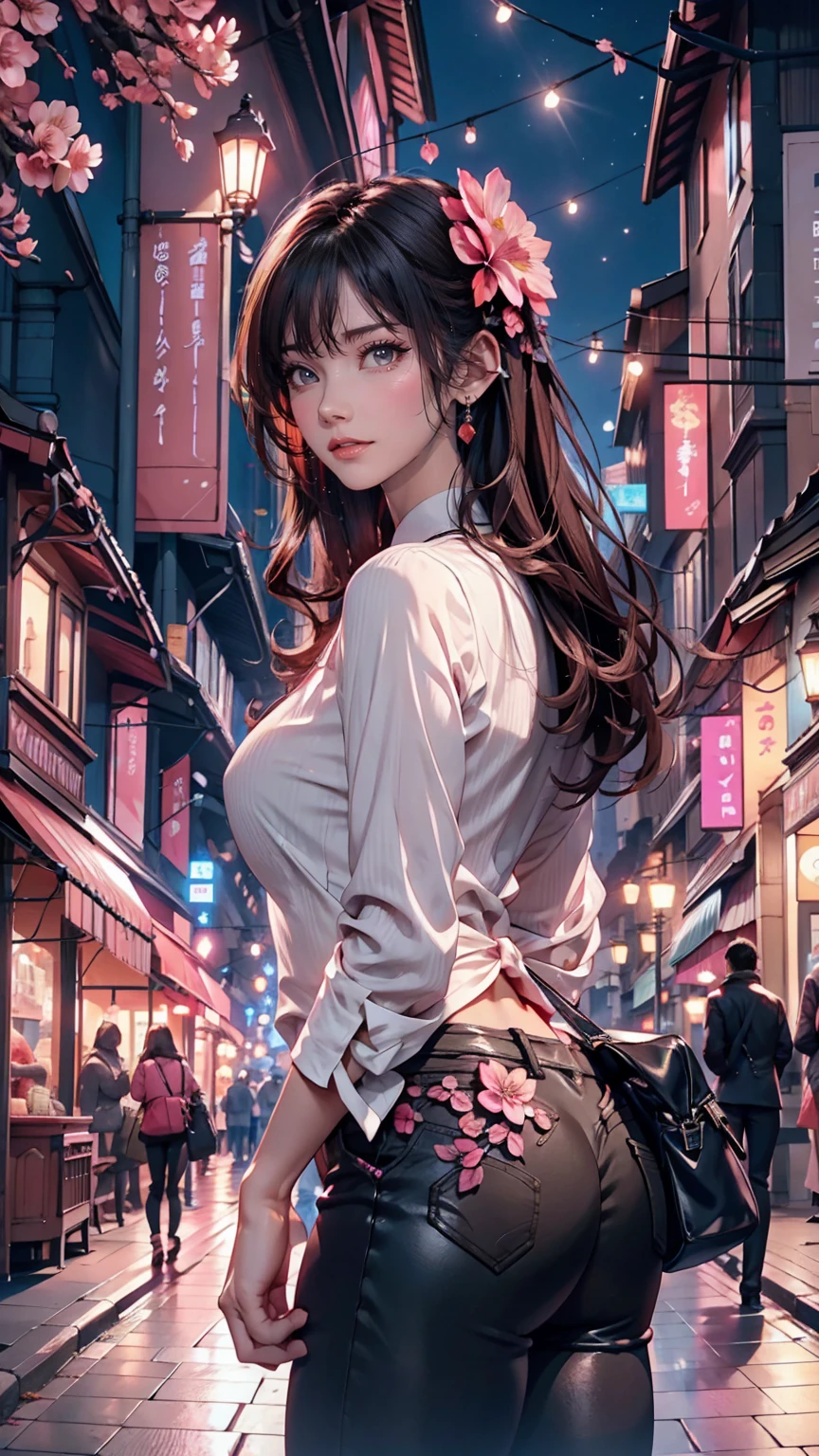 Beautiful woman, Lighted street at night, Fidgeting with smartphones, hot pants, Fragrant pink flowers, Passersby, Night view gradation, Fine details, Subtle Tones, Silence on the screen.