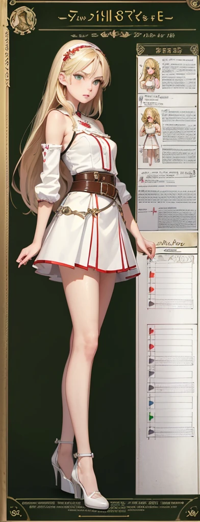 ((Best Quality)), ((Masterpiece)), ((Realistic)) 19 year old, 1 girl, shoulder length hair, blonde_hair, green eyes, medium breasts, white top, red mini skirt, belt, heels, (((detailed character sheet, frontal view, side view, three quarter view))) (((white background))) 6 and a half heads full body, distinct separation of body parts