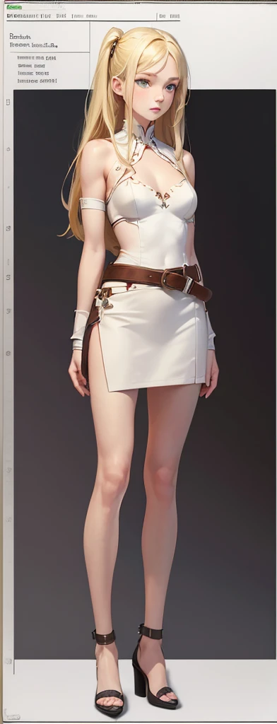 ((Best Quality)), ((Masterpiece)), ((Realistic)) 19 year old, 1 girl, shoulder length hair, blonde_hair, green eyes, medium breasts, white top, red mini skirt, belt, heels, (((detailed character sheet, frontal view, side view, three quarter view))) (((white background))) 6 and a half heads full body, distinct separation of body parts