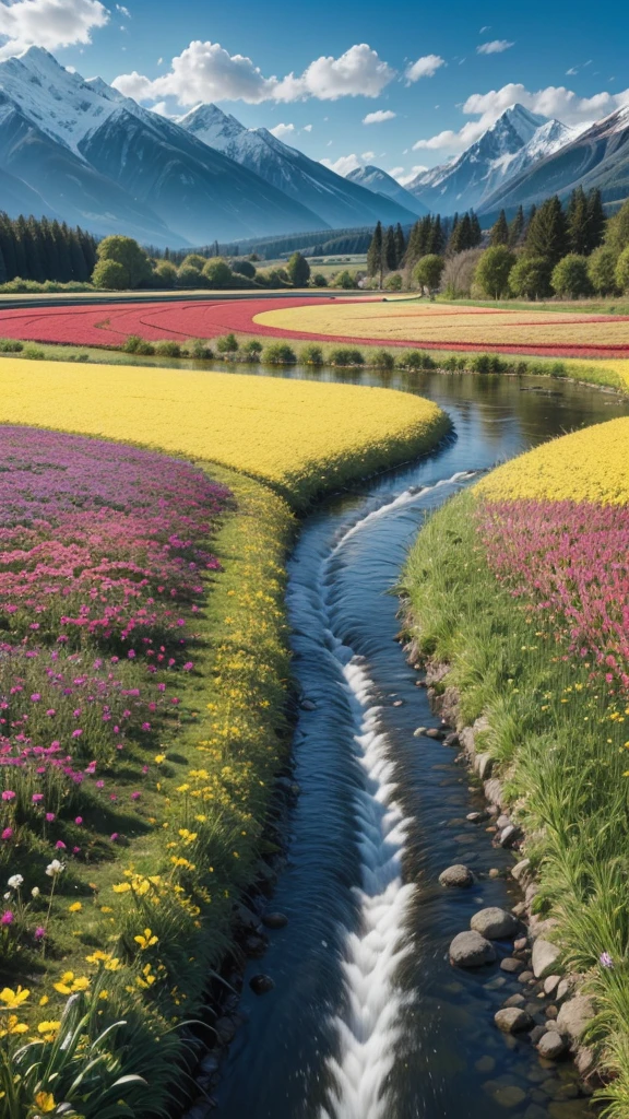 Create an image of a sunny morning in a flower field, with a clear blue sky and some fluffy clouds. Include mountains in the background and a stream meandering through the field