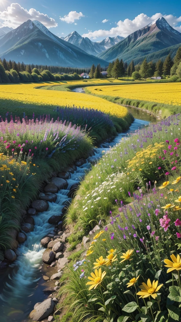 Create an image of a sunny morning in a flower field, with a clear blue sky and some fluffy clouds. Include mountains in the background and a stream meandering through the field