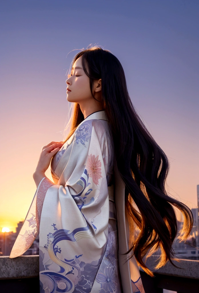 An intricate and detailed anime illustration of a woman in deep concentration, her eyes closed as she peers into the future. She wears a flowing white kimono with intricate patterns, and her long hair flows behind her like a cape. A gentle breeze blows, creating ripples in the air around her, and a golden aura surrounds her, symbolizing her connection to the future. The background is a vibrant cityscape with futuristic buildings, a rainbow bridge, and a distant, glowing sunset., anime, illustration