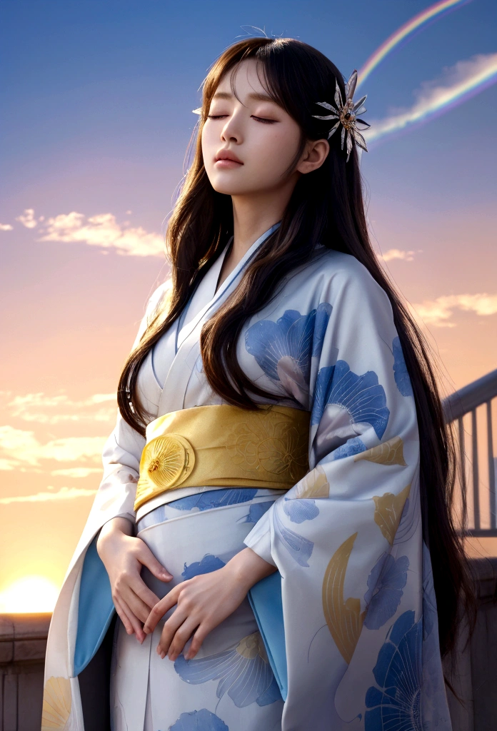An intricate and detailed anime illustration of a woman in deep concentration, her eyes closed as she peers into the future. She wears a flowing white kimono with intricate patterns, and her long hair flows behind her like a cape. A gentle breeze blows, creating ripples in the air around her, and a golden aura surrounds her, symbolizing her connection to the future. The background is a vibrant cityscape with futuristic buildings, a rainbow bridge, and a distant, glowing sunset., anime, illustration