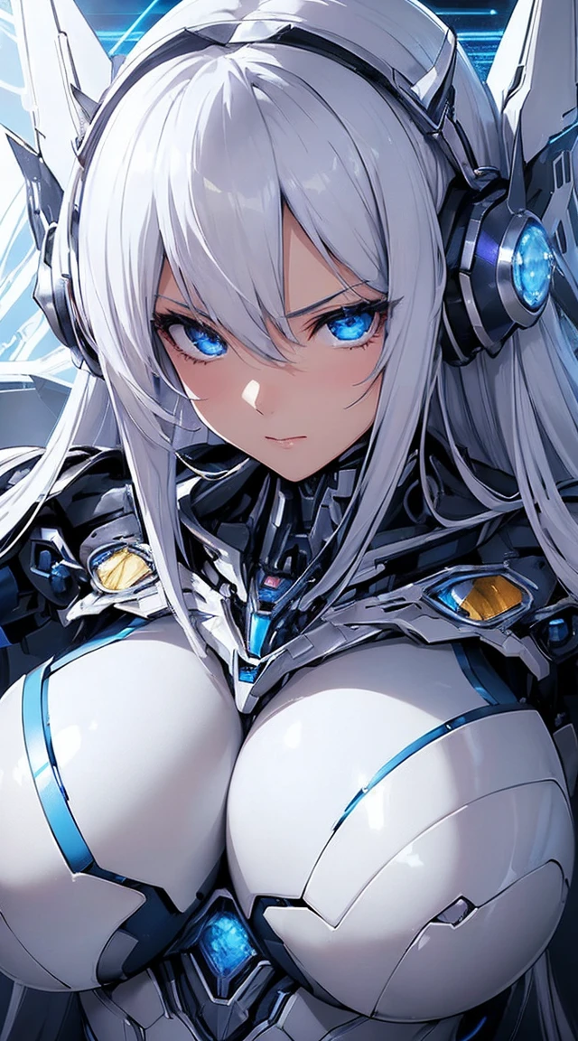 ((Extreme close up:1.6))、(((Lenses shining on both breasts:1.3)))、((Blue pillars of light radiate from both of his chests..:1.3))、break、(((Dynamic pose:1.8)))、smile、((8K)), ((32k)), ((Highest quality)), ((masterpiece)), ((超A high resolution)), ((Tmasterpiece)), ((Halation:1.4))、((Mechaニカルheadgear:1.2))、((Cyber headphones:1.3))Fine skin, High quality fabric, High-quality metal texture、((Beautiful and dense face))、RAW Photos、Professional, Ultra-fine painting, ((alone)), Beautiful breasts、Highest quality, Very detailed, Very detailed詳細, Finer details, so beautiful, ((Princess Knight Robot:1.2)), (Joint of the machine, Mechanical Limbs:1.3), (The internal structure of the machine is exposed:1.3), (Long silver hair:1.1), (Beautiful and huge mechanical breasts)、White Veil, cowboy_shot, Side Focus, headgear, Shiny、(Five Fingers, Four fingers and thumb),Concept Art, Anime fantasy artwork, Detailed fantasy art, (with pale blue-violet hair and large white wings,,,,,,,,), (((Long silver hair))), (Mecha:1.6)、Sleek and intimidating design, ((Commander-in-Chief'arm)), (Perfect robot body)、純白と青紫のarmまたは, Symmetrical wings, 8K High Resolution, Detailed Art, 3D rendering of character art in 8K, neat legs, Defined, Defined fingers,((headshot:1.3))