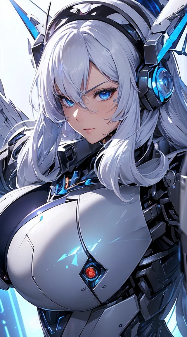 ((Extreme close up:1.6))、(((Lenses shining on both breasts:1.3)))、((Blue pillars of light radiate from both of his chests..:1.3))、break、(((Dynamic pose:1.8)))、smile、((8K)), ((32k)), ((Highest quality)), ((masterpiece)), ((超A high resolution)), ((Tmasterpiece)), ((Halation:1.4))、((Mechaニカルheadgear:1.2))、((Cyber headphones:1.3))Fine skin, High quality fabric, High-quality metal texture、((Beautiful and dense face))、RAW Photos、Professional, Ultra-fine painting, ((alone)), Beautiful breasts、Highest quality, Very detailed, Very detailed詳細, Finer details, so beautiful, ((Princess Knight Robot:1.2)), (Joint of the machine, Mechanical Limbs:1.3), (The internal structure of the machine is exposed:1.3), (Long silver hair:1.1), (Beautiful and huge mechanical breasts)、White Veil, cowboy_shot, Side Focus, headgear, Shiny、(Five Fingers, Four fingers and thumb),Concept Art, Anime fantasy artwork, Detailed fantasy art, (with pale blue-violet hair and large white wings,,,,,,,,), (((Long silver hair))), (Mecha:1.6)、Sleek and intimidating design, ((Commander-in-Chief'arm)), (Perfect robot body)、純白と青紫のarmまたは, Symmetrical wings, 8K High Resolution, Detailed Art, 3D rendering of character art in 8K, neat legs, Defined, Defined fingers,((headshot:1.3))
