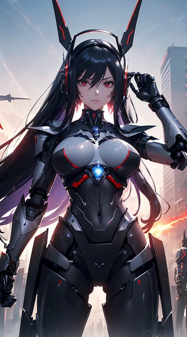 ((Shining lenses on both breasts:1.3))、((Pillars of red light radiate from both chests..:1.3))、((Attack pose:1.6))、((He has a red sword and a long rifle:1.6))、((Battle Scenes:1.8))、((8K)), ((32k)), ((Highest quality)), ((masterpiece)), ((超A high resolution)), ((Tmasterpiece)), ((Halation:1.4))、((Mechaニカルheadgear:1.2))、((Cyber headphones:1.3))Fine skin, High quality fabric, High-quality metal texture、((Beautiful and dense face))、RAW Photos、Professional, Ultra-fine painting, ((alone)), Beautiful breasts、Highest quality, Very detailed, Very detailed詳細, Finer details, so beautiful, ((Black Knight Robot:1.2)),  (Joint of the machine, Mechanical Limbs:1.3), (The internal structure of the machine is exposed:1.3), (Long black hair:1.1), (Beautiful and huge mechanical breasts)、White Veil, cowboy_shot, Side Focus, headgear, Shiny、(Five Fingers, Four fingers and thumb),Concept Art, Anime fantasy artwork, Detailed fantasy art, (Has light blue-purple hair and black wings,,,,,,), (((Long black hair))), (Mecha:1.6)、Sleek and intimidating design,  (Jet black perfect robot body)、Jet black and reddish purple arms, Symmetrical wings, 8K High Resolution, Detailed Art, 3D rendering of character art in 8K, neat legs, Defined, Defined fingers,((headshot:1.6))