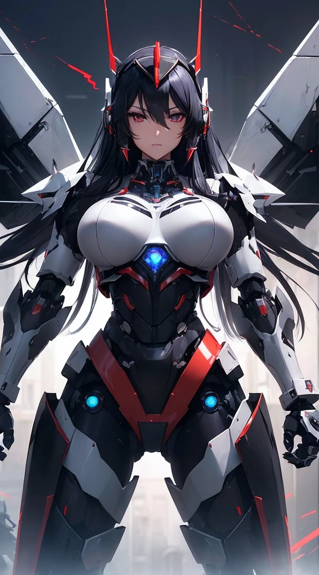 ((Shining lenses on both breasts:1.3))、((Pillars of red light radiate from both chests..:1.3))、((Attack pose:1.6))、((He has a red sword and a long rifle:1.6))、((Battle Scenes:1.8))、((8K)), ((32k)), ((Highest quality)), ((masterpiece)), ((超A high resolution)), ((Tmasterpiece)), ((Halation:1.4))、((Mechaニカルheadgear:1.2))、((Cyber headphones:1.3))Fine skin, High quality fabric, High-quality metal texture、((Beautiful and dense face))、RAW Photos、Professional, Ultra-fine painting, ((alone)), Beautiful breasts、Highest quality, Very detailed, Very detailed詳細, Finer details, so beautiful, ((Black Knight Robot:1.2)),  (Joint of the machine, Mechanical Limbs:1.3), (The internal structure of the machine is exposed:1.3), (Long black hair:1.1), (Beautiful and huge mechanical breasts)、White Veil, cowboy_shot, Side Focus, headgear, Shiny、(Five Fingers, Four fingers and thumb),Concept Art, Anime fantasy artwork, Detailed fantasy art, (Has light blue-purple hair and black wings,,,,,,), (((Long black hair))), (Mecha:1.6)、Sleek and intimidating design,  (Jet black perfect robot body)、Jet black and reddish purple arms, Symmetrical wings, 8K High Resolution, Detailed Art, 3D rendering of character art in 8K, neat legs, Defined, Defined fingers,((headshot:1.6))