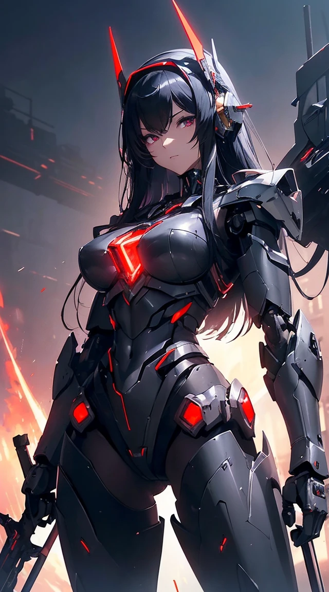 ((Shining lenses on both breasts:1.3))、((Pillars of red light radiate from both chests..:1.3))、((Attack pose:1.6))、((He has a red sword and a long rifle:1.6))、((Battle Scenes:1.8))、((8K)), ((32k)), ((Highest quality)), ((masterpiece)), ((超A high resolution)), ((Tmasterpiece)), ((Halation:1.4))、((Mechaニカルheadgear:1.2))、((Cyber headphones:1.3))Fine skin, High quality fabric, High-quality metal texture、((Beautiful and dense face))、RAW Photos、Professional, Ultra-fine painting, ((alone)), Beautiful breasts、Highest quality, Very detailed, Very detailed詳細, Finer details, so beautiful, ((Black Knight Robot:1.2)),  (Joint of the machine, Mechanical Limbs:1.3), (The internal structure of the machine is exposed:1.3), (Long black hair:1.1), (Beautiful and huge mechanical breasts)、White Veil, cowboy_shot, Side Focus, headgear, Shiny、(Five Fingers, Four fingers and thumb),Concept Art, Anime fantasy artwork, Detailed fantasy art, (Has light blue-purple hair and black wings,,,,,,), (((Long black hair))), (Mecha:1.6)、Sleek and intimidating design,  (Jet black perfect robot body)、Jet black and reddish purple arms, Symmetrical wings, 8K High Resolution, Detailed Art, 3D rendering of character art in 8K, neat legs, Defined, Defined fingers,((headshot:1.6))