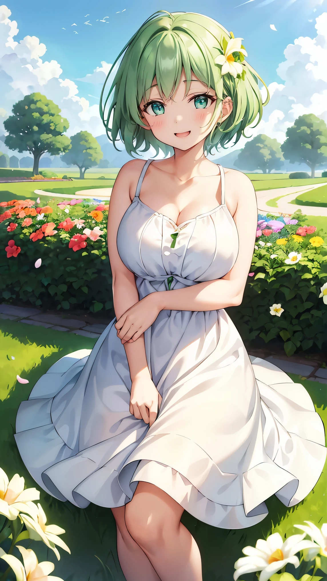 Girl with short green hair, Small size breasts, Small breasts、Green Eyes, White Casual Wear Beauty Special、(((tits))),Full body photo from head to toe、White dress、Colorful flower fields、Fluttering petals、A big smile when looking at the flowers、Uplifting