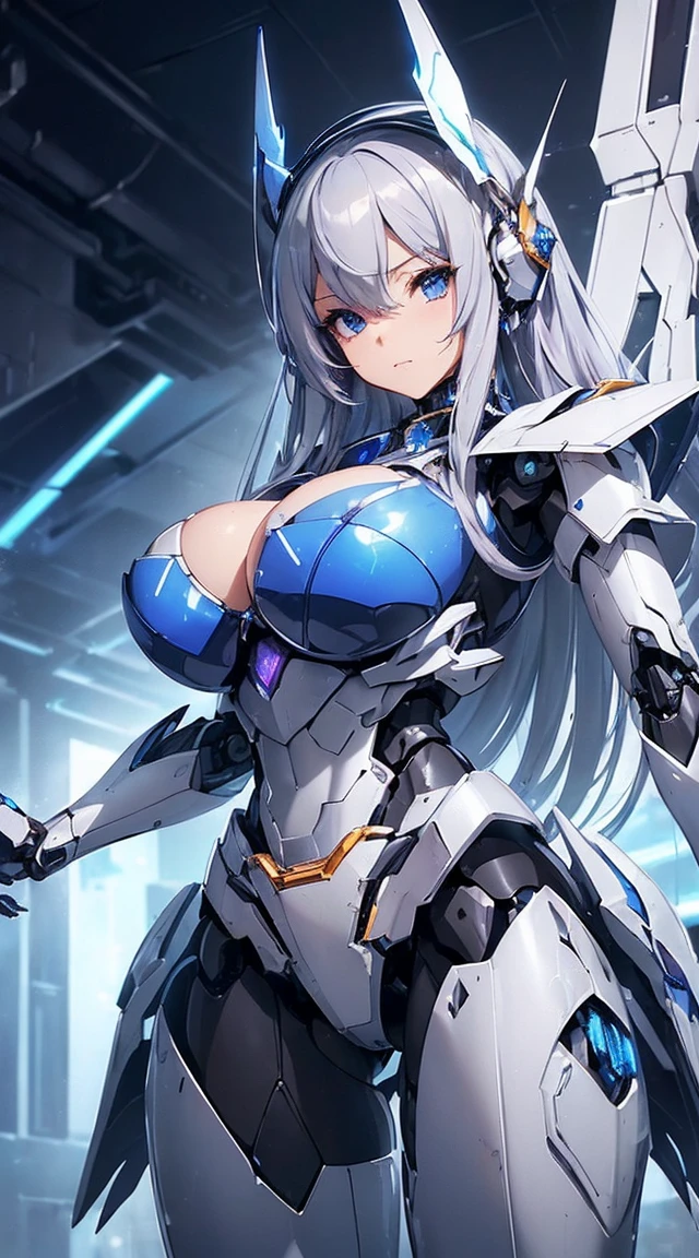 ((Intense action pose:1.6))、((Shining lenses on both breasts:1.3))、((Blue pillars of light are emanating from both chests.:1.3))、smile、((8K)), ((32k)), ((Highest quality)), ((masterpiece)), ((超A high resolution)), ((Tmasterpiece)), ((Halation:1.4))、((Mechaニカルheadgear:1.2))、((Cyber headphones:1.3))、Fine skin, High quality fabric, Fine metal texture、((Beautiful and dense face))、RAW Photos、Professional, Ultra-fine painting, ((alone)), Beautiful breasts、Highest quality, Very detailed, Very detailed詳細, Finer details, so beautiful, ((Princess Knight Robot:1.2)),  (Joints of machines, Mechanical Limbs:1.3), (The internal structure of the machine is exposed:1.3), (Long silver hair:1.1), (Beautiful and huge mechanical breasts)、White Veil, cowboy_shot, Side Focus, headgear, Shiny、(Five Fingers, Four fingers and thumb),Concept Art, Anime fantasy artwork, Detailed fantasy art, (with pale blue-violet hair and large white wings,,,,,,,), (((Long silver hair))), (Mecha:1.6)、Sleek and intimidating design, ((Commander-in-Chief&#39;arm)), (Perfect robot body)、純白と青紫armまたは, Symmetrical wings, 8K high quality, detailed art, 3D rendering of character art in 8K, neat legs, Defined, Defined fingers,