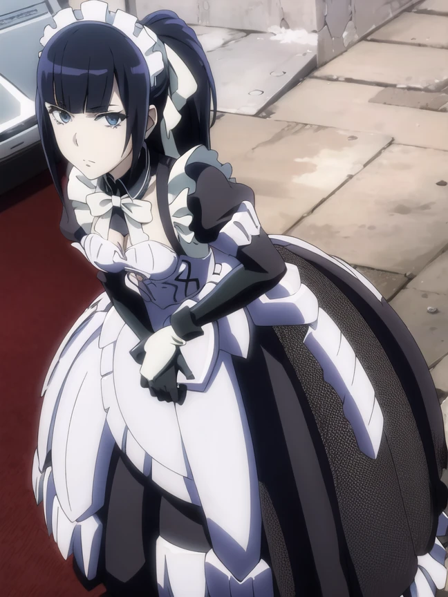 (((picture perfect))), (absurdres), 1girl, solo, narberal gamma, maid, armor, gloves, maid headdress, looking at viewer, expressionless