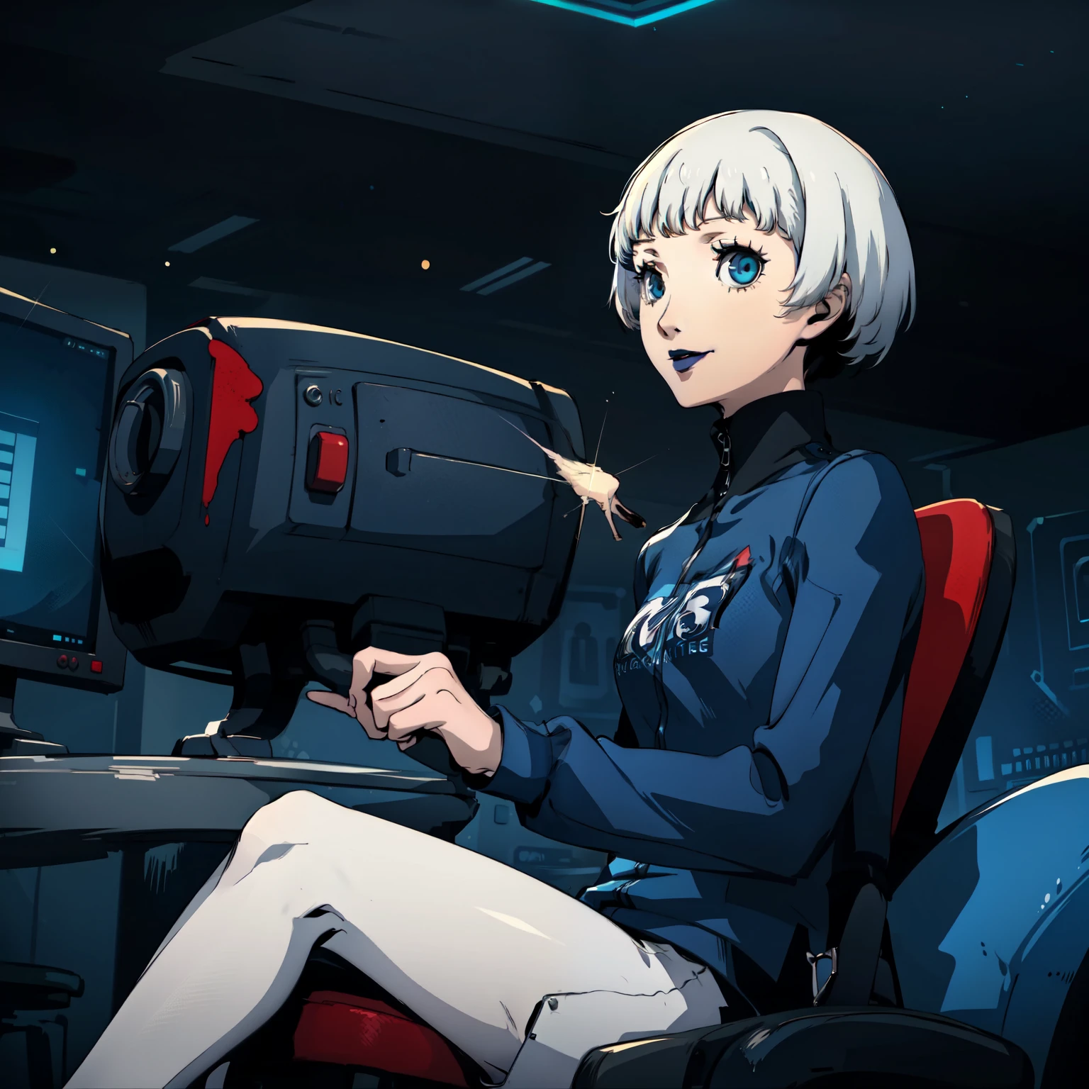 masterpiece, ((best quality)),((1 girl)), blue eyes, black lipstick, white hair, female , tomboy Pixie haircut, deep blue suit, white hair, white hair,smiling,hacker,in the,dark room,sitting,looking monitor,cute
