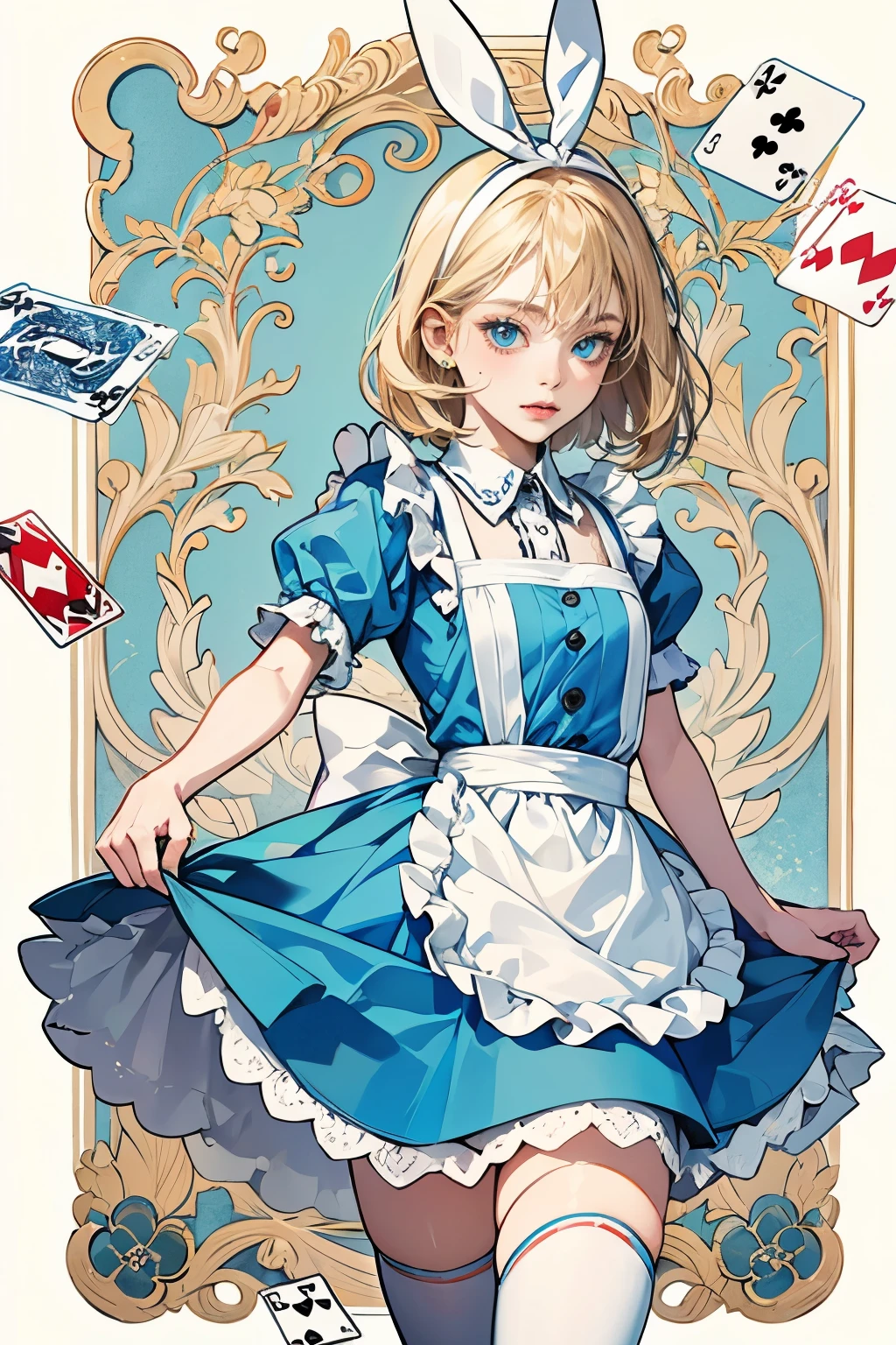 masuterpiece, top-quality, portrait, 1 girl, (Alice In Wonderland:1.2), blue Dress, white apron, blond hair, blue eyes, bunny rabbit, playing cards, tea cup, white lace thigh high socks, mini skirt lift, half body, dynamic poses