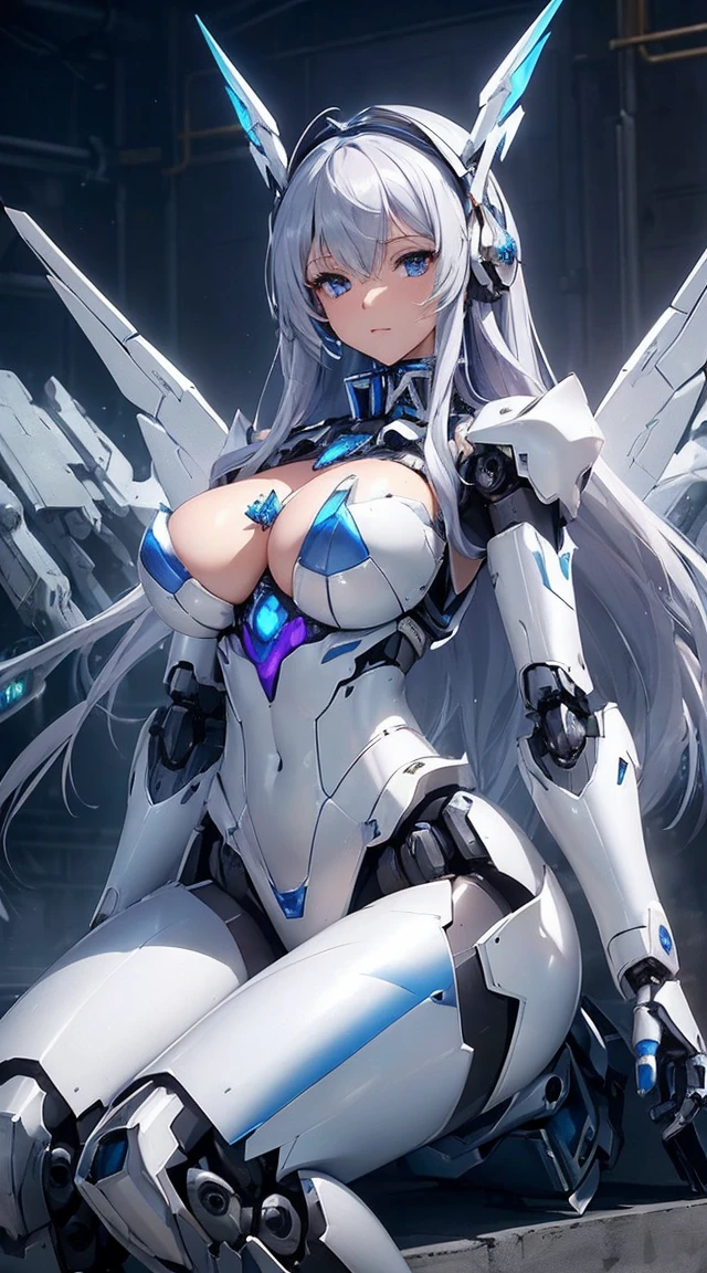 (Sit with one knee on the machine:1.6)、(Full body description:1.3)、((Shining lenses on both breasts:1.3))、((Blue pillars of light are emanating from both chests.:1.3))、smile、((8K)), ((32k)), ((Highest quality)), ((masterpiece)), ((超A high resolution)), ((Tmasterpiece)), ((Halation:1.4))、((Mechaニカルheadgear:1.2))、((Cyber headphones:1.3))、Fine skin, High quality fabric, Fine metal texture、((Beautiful and dense face))、RAW Photos、Professional, Ultra-fine painting, ((alone)), Beautiful breasts、Highest quality, Very detailed, Very detailed詳細, Finer details, so beautiful, ((Princess Knight Robot:1.2)),  (Joints of machines, Mechanical Limbs:1.3), (The internal structure of the machine is exposed:1.3), (Long silver hair:1.1), (Beautiful and huge mechanical breasts)、White Veil, cowboy_shot, Side Focus, headgear, Shiny、(Five Fingers, Four fingers and thumb),Concept Art, Anime fantasy artwork, Detailed fantasy art, (with pale blue-violet hair and large white wings,,,,,,,), (((Long silver hair))), (Mecha:1.6)、Sleek and intimidating design, ((Commander-in-Chief&#39;arm)), (Perfect robot body)、純白と青紫armまたは, Symmetrical wings, 8K high quality, detailed art, 3D rendering of character art in 8K, neat legs, Defined, Defined fingers,