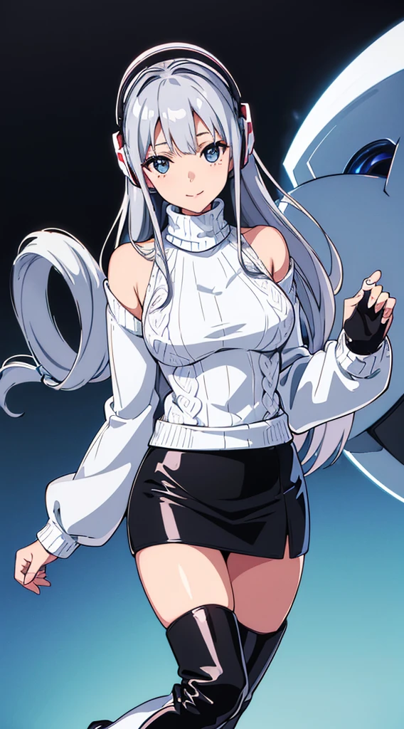 smile、((8K)), ((32k)), ((Highest quality)), ((masterpiece)), ((超A high resolution)), ((Tmasterpiece)), ((Halation:1.4))、((White mechanical headgear:1.3))、((White mecha cyber headphones:1.3))、Fine skin, High quality fabric, ((Beautiful and dense face))、RAW Photos、Professional, Ultra-fine painting, ((alone)), Beautiful breasts、Highest quality, Very detailed, Very detailed詳細, Finer details, so beautiful, Full body description、on a futuristic street、White thigh-high boots、(Woman wearing a black leather miniskirt:1.8)、(Wearing a white knitted turtleneck sweater:1.8)、 take a walk、Beautiful l(Machine Eyes:1.3)、drooping eyes: 1.3,, (In 8K) , masterpiece, (No retouching, Lip gloss, False eyelashes, Real Skin, Highest quality, 超A high resolution, Depth of written boundary, chromatic aberration, Caustics, Wide Lighting, Natural Shading))、Korean Idol、Asian woman smiling at camera,、Young and cute gravure idol, Young and skinny gravure idol, Realistic Young Gravure Idol, Young Gravure Idol, Japanese Model, Shot with Canon EOA 6D Mark II, Shot with Canon EOS 5D Mark IV, Young Gravure Idol、(White thigh-high boots:1.5)、(Long silver hair:1.1), cowboy_shot, Side Focus, Shiny、Concept Art, Anime fantasy artwork, (((Long silver hair))), 8K high quality, detailed art, In 8Kのキャラクターアートの3Dレンダリング, neat legs, Defined, Defined fingers,
