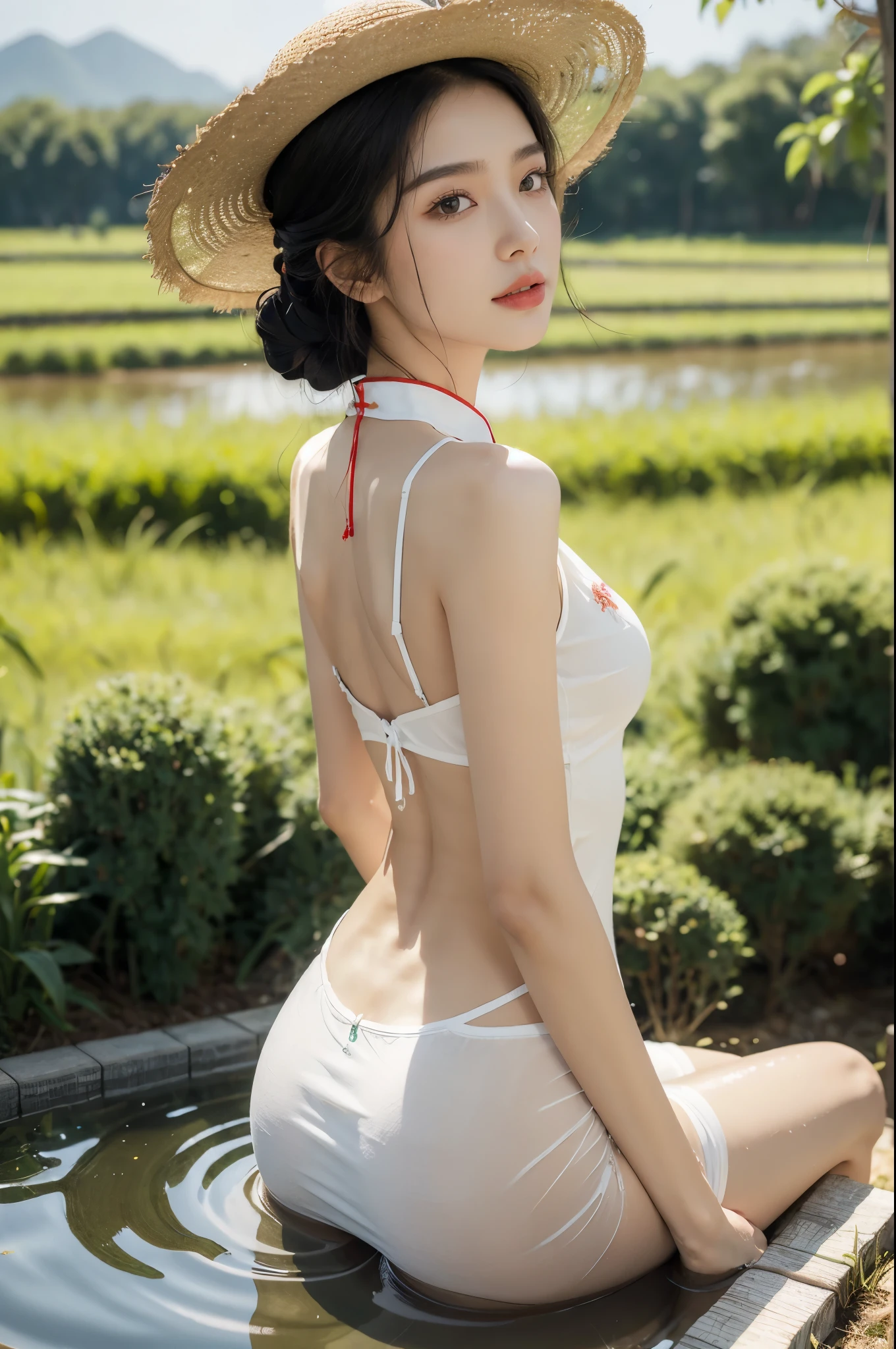 (((best quality))),(((ultra detailed))),(((masterpiece))),illustration,1 beautiful girl,slim,straw hat,shiny skin,black skin,sweat,wet,bare back,short Embroidered red cheongsam,collar,bare arms,pantyhose,sitting in the Paddy pool filled with Rice seedlings,upper body,elegant, clear sky, sunlight, dreamy, contrast, natural,Chinese rural landscape,The body below the neck is in water,from back,towering hips,butt crack