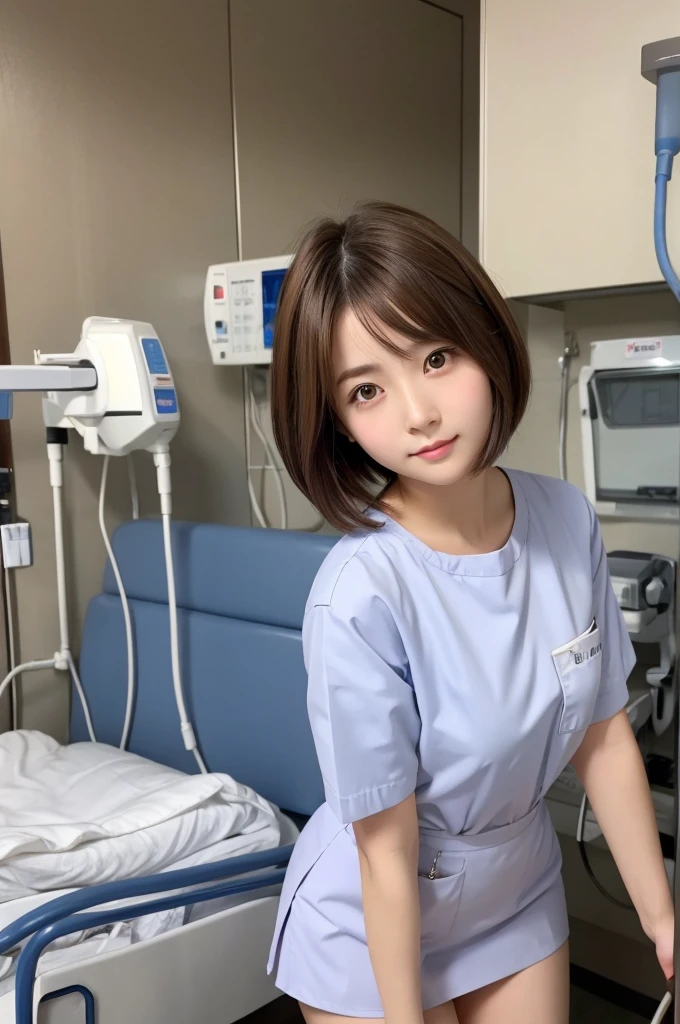 Cute 20 year old Japan woman、Beautiful Skin、Beautiful Hair、Short Hair Length、Bob Hair、Brown Hair Color、Beautiful Eyes、Brown Eye Color、Embarrassed look、place:hospital、Miniskirt nurse、The naughtiest pose