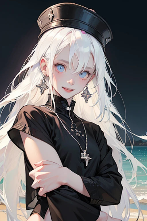 ((hyper-realistic illustration:1.3)),(black clothing:1.3).((beach)) at night. Cute 18 yo (albino:1.4)woman of Slavic descent.(short:1.1), , long white hair, gray eyes, ((very pale:1.4)). Innocent look. Gentle spirit.(virgin), (black bikini, sandals).hat,(joy),((smile)).Masterpiece, best quality(highly detailed:1.2),(detailed face and eyes:1.2), depth of field, 8k wallpaper, studio lighting, core shadows, high contrast, bokeh.