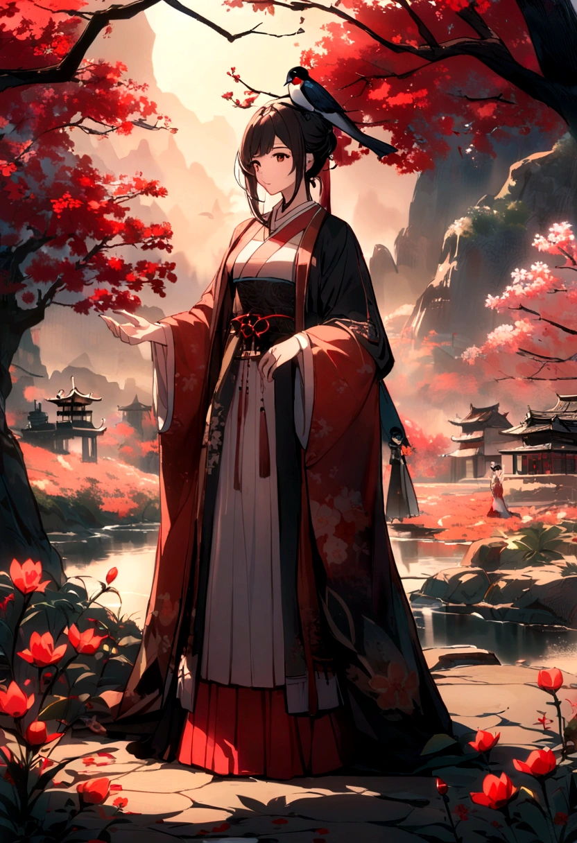 equinox,Magnolia,swallow,Traditional Chinese architecture,A woman in Hanfu standing next to a flower,Characters and Landscapes