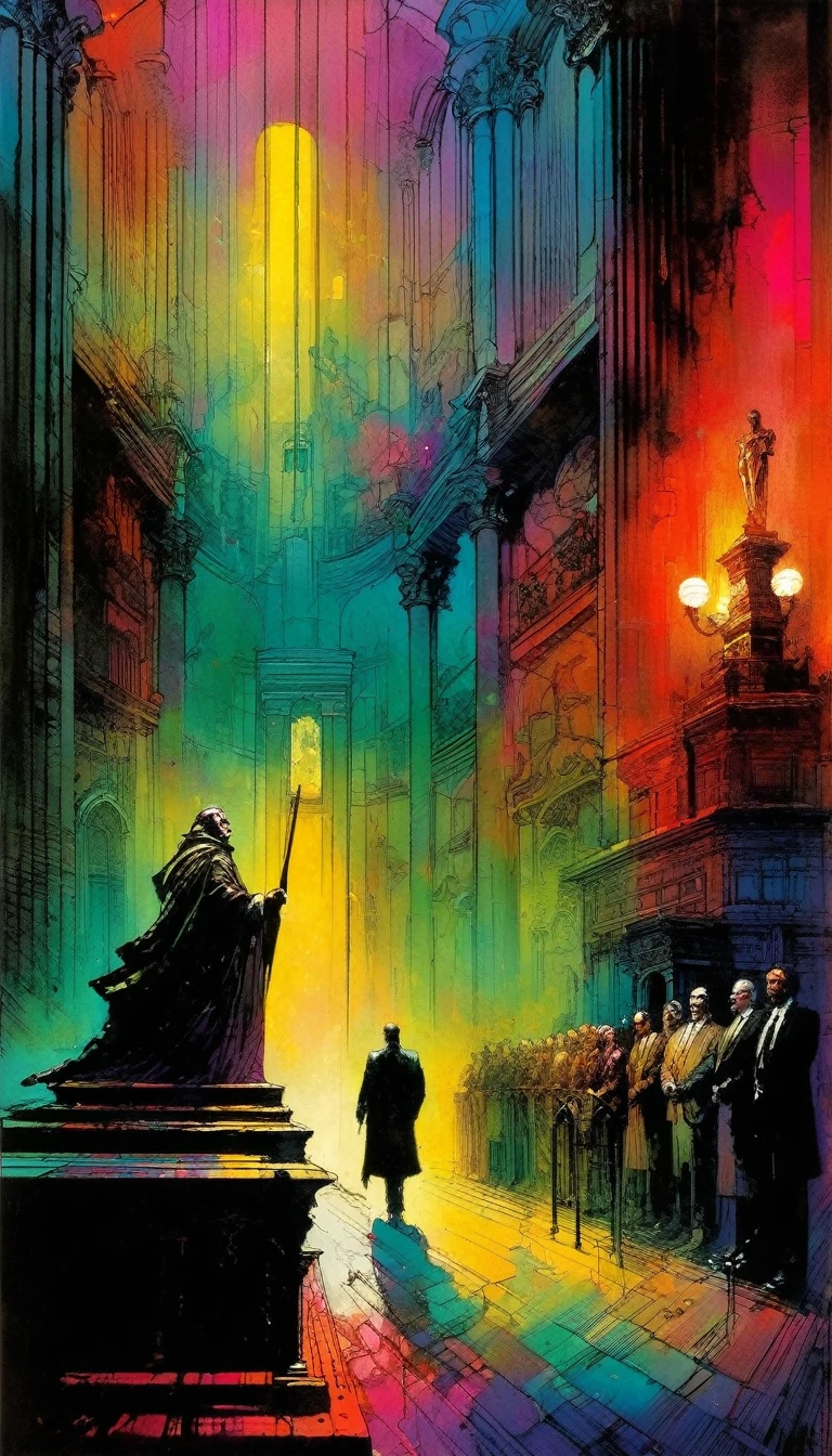 The trial, Artwork inspired by Bill Sienkiewicz, vivid colors, intricate details, oil.