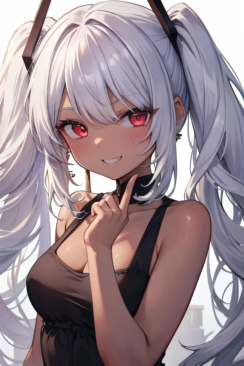 (8K、Best image quality、Highest quality、masterpiece)、Detailed face、1 Girl、Silver Hair、Twin tails、Red eyes、After sunburn、Earrings、Wicked Smile、teeth、Grin、((Brown Skin:1.0))、Small breasts、