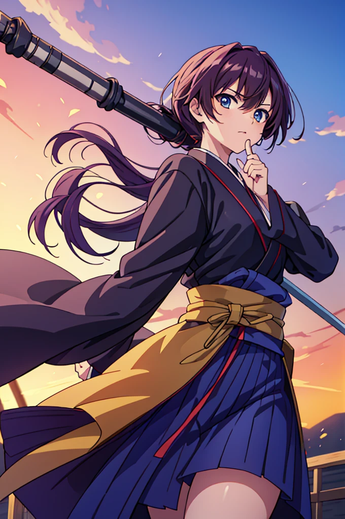 Highest quality, masterpiece, High resolution, alone, （Rurouni Kenshin ‗ Kenshin），（Glaring Eyes），roar，（spear) ，（Spear Thrust），Holding a spear，kimono，（Spear pose），（Jinhaori），Evening sky_background，Young Girl，Anime Style, Highest quality, 4K, masterpiece,， alone, 1,whole body，looking at the camera, Shinkai Makoto style, （yellow_coat）Sharp Eyes，Low posture，（(spear‗pose)) ，（Full Finger）, （Accurate fingertips）, （The finer details）, （Anatomically correct）, (映画のbackground), Hyper Detail, (Subtle details), (Intricate details),