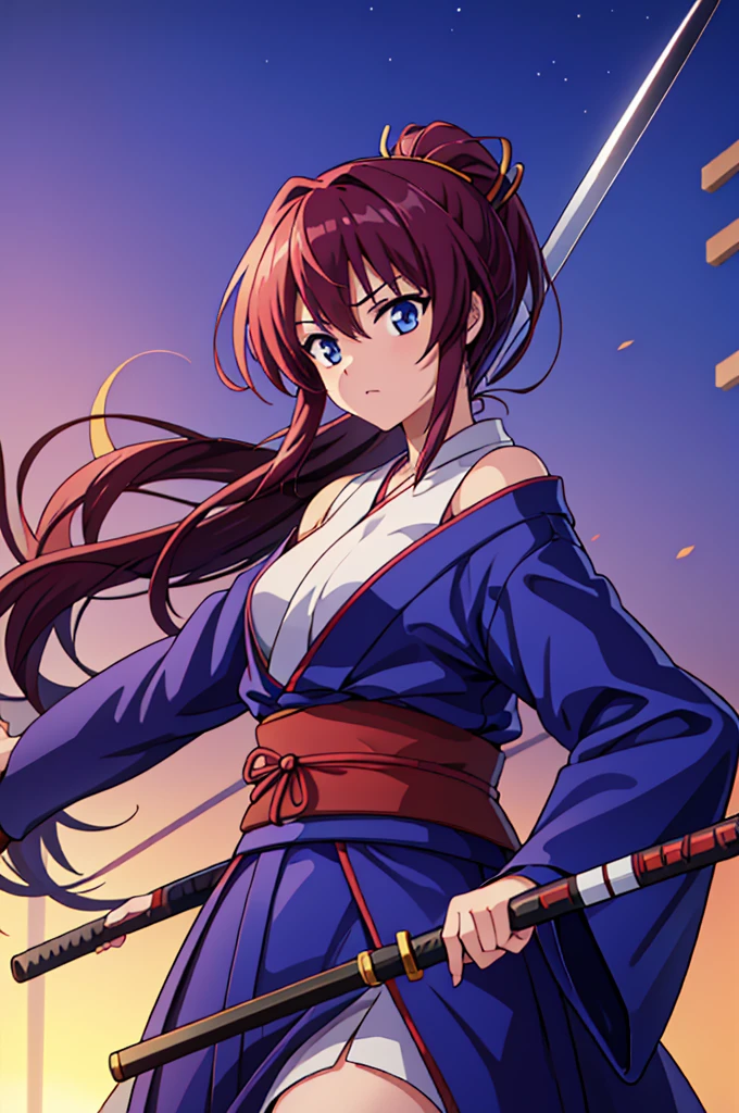 Highest quality, masterpiece, High resolution, alone, （Rurouni Kenshin ‗ Kenshin），（Glaring Eyes），roar，（spear) ，（Spear Thrust），Holding a spear，kimono，（Spear pose），（Jinhaori），Evening sky_background，Young Girl，Anime Style, Highest quality, 4K, masterpiece,， alone, 1,whole body，looking at the camera, Shinkai Makoto style, （yellow_coat）Sharp Eyes，Low posture，（(spear‗pose)) ，（Full Finger）, （Accurate fingertips）, （The finer details）, （Anatomically correct）, (映画のbackground), Hyper Detail, (Subtle details), (Intricate details),